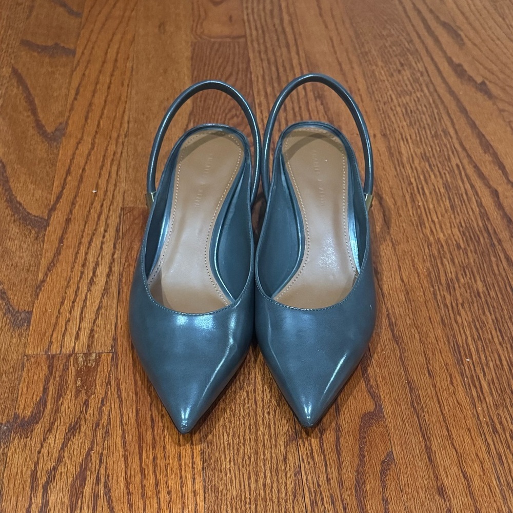 Charles and Keith block heel, sling back pointed toe shoes in grey